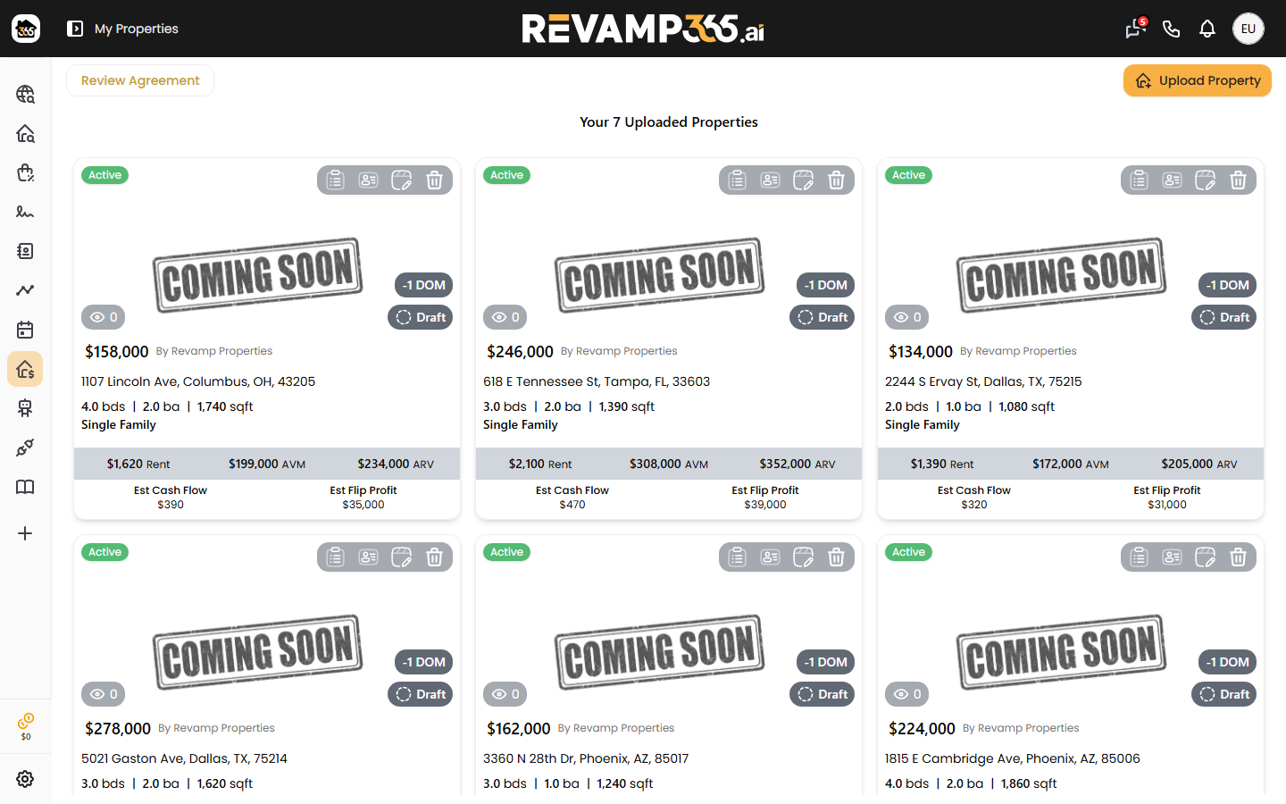 The My Deals board with Review Agreement and Upload Property controls