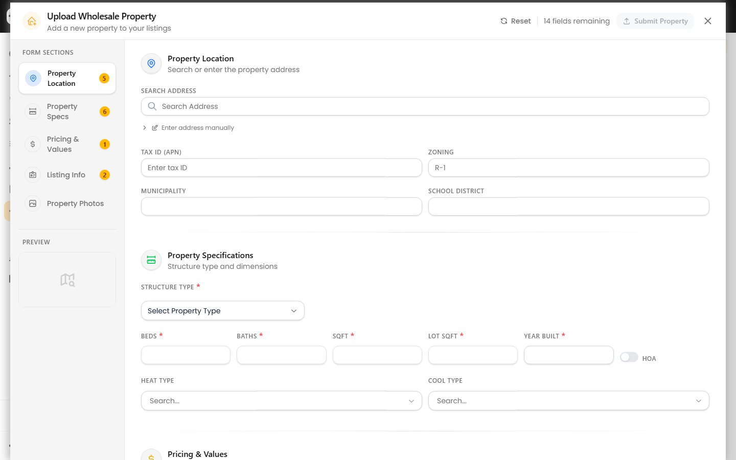 The Upload Property form with address search and the section rail