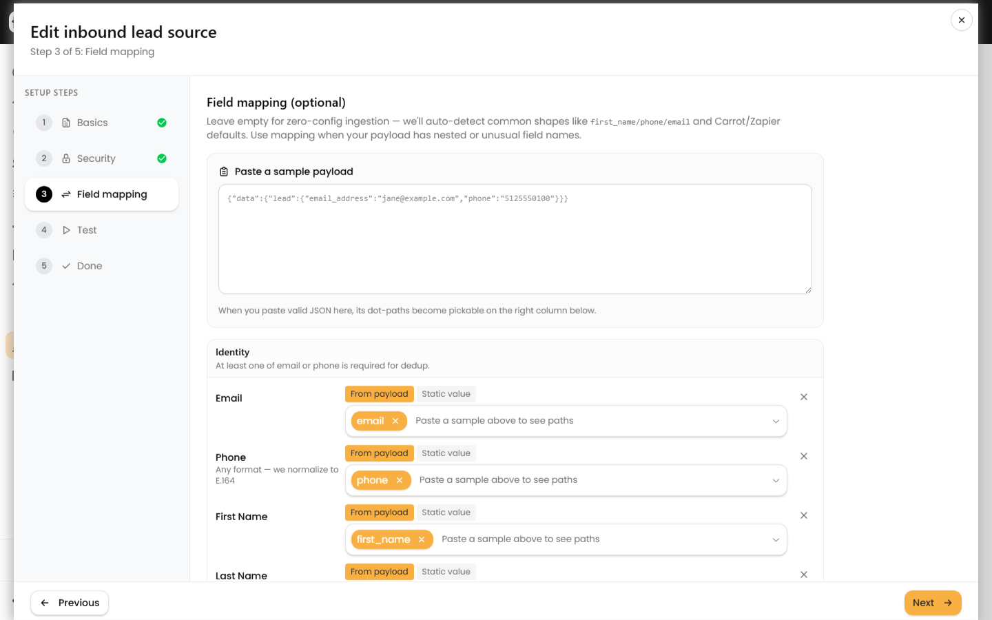 Field mapping editor with sample-payload box and canonical field groups