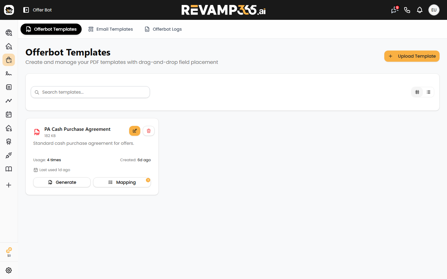 A template card on the Offerbot Templates tab showing the Mapping button