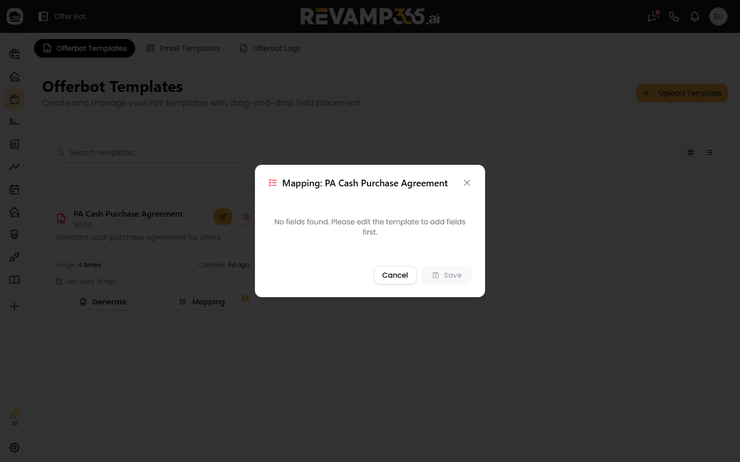 The mapping dialog with a data-tag dropdown per placed field