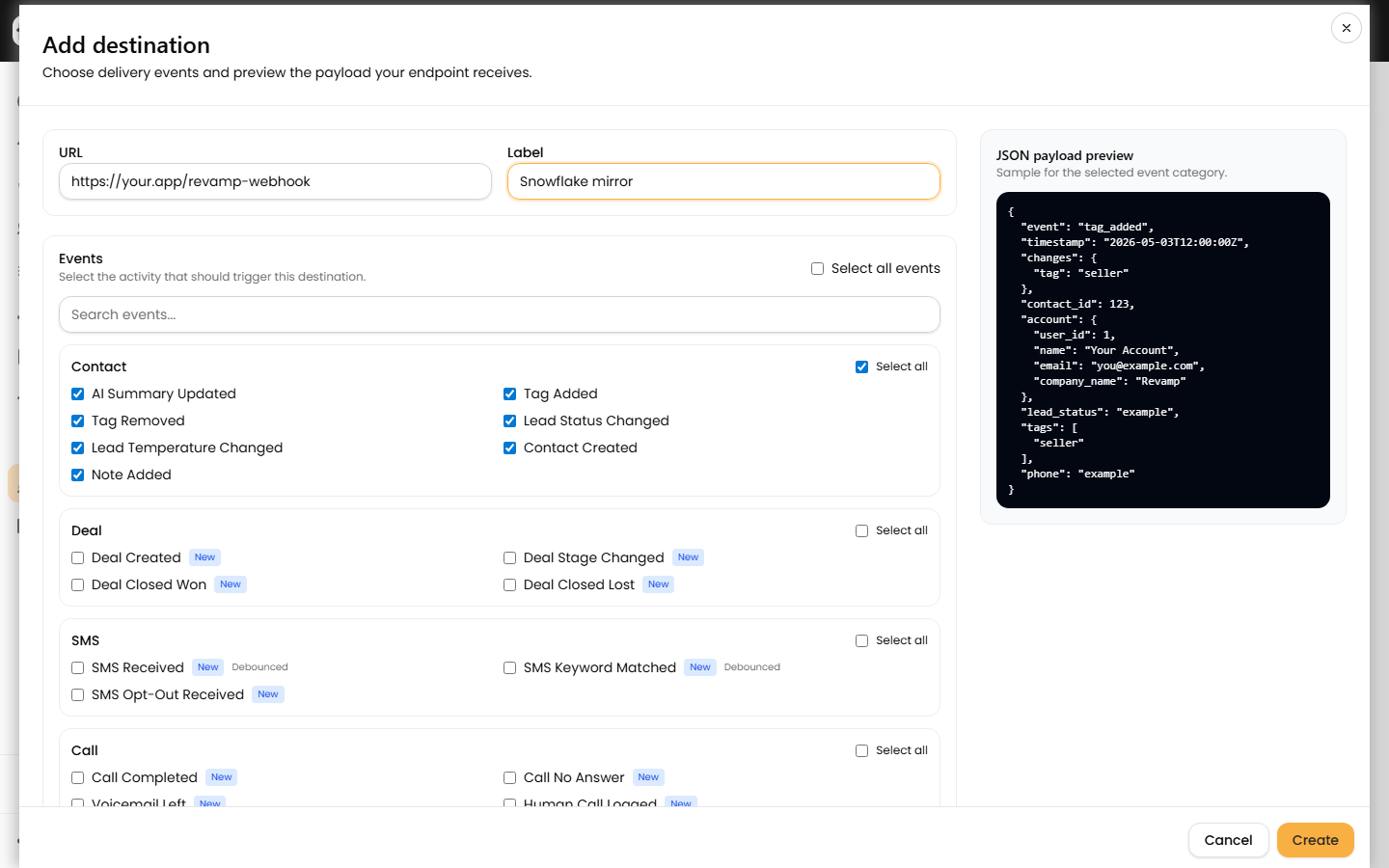 Creating an endpoint: the URL and Label inputs, the event picker, and the live JSON payload preview