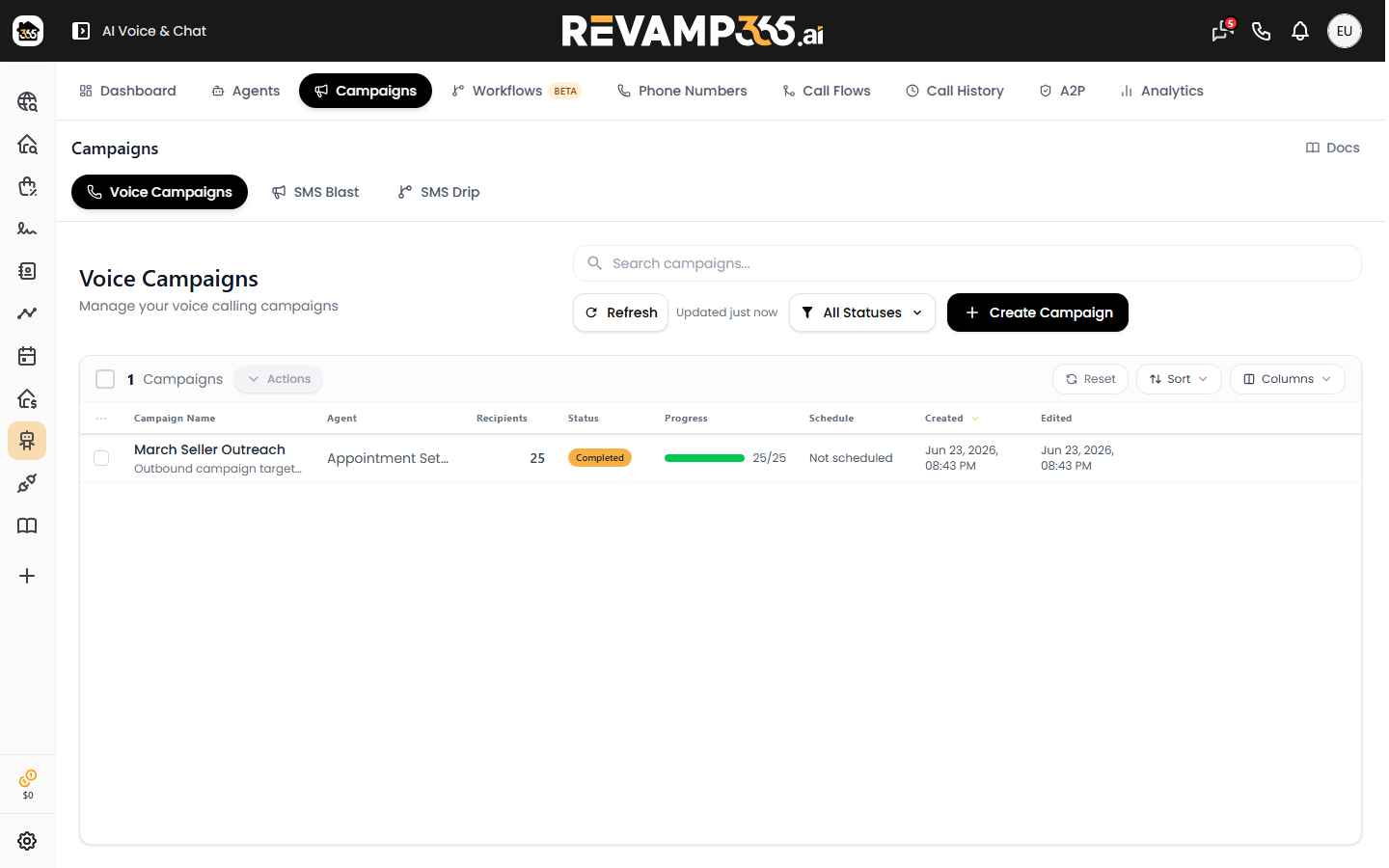 The Voice Campaigns table with row checkboxes, Filter, and Actions menu