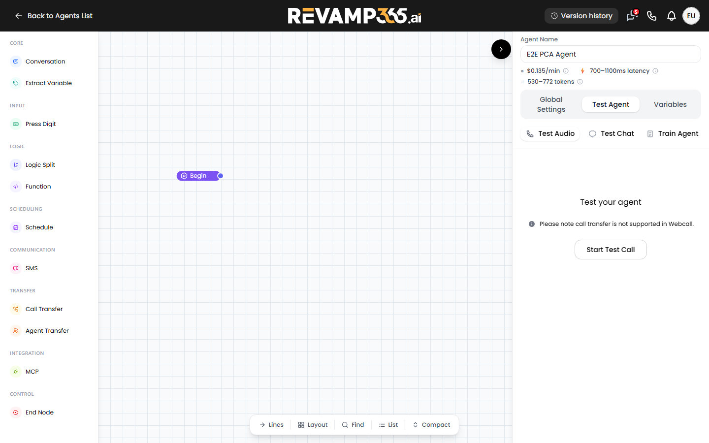 Test Audio panel with the Start Test Call button and the Test Audio / Test Chat / Train Agent tabs