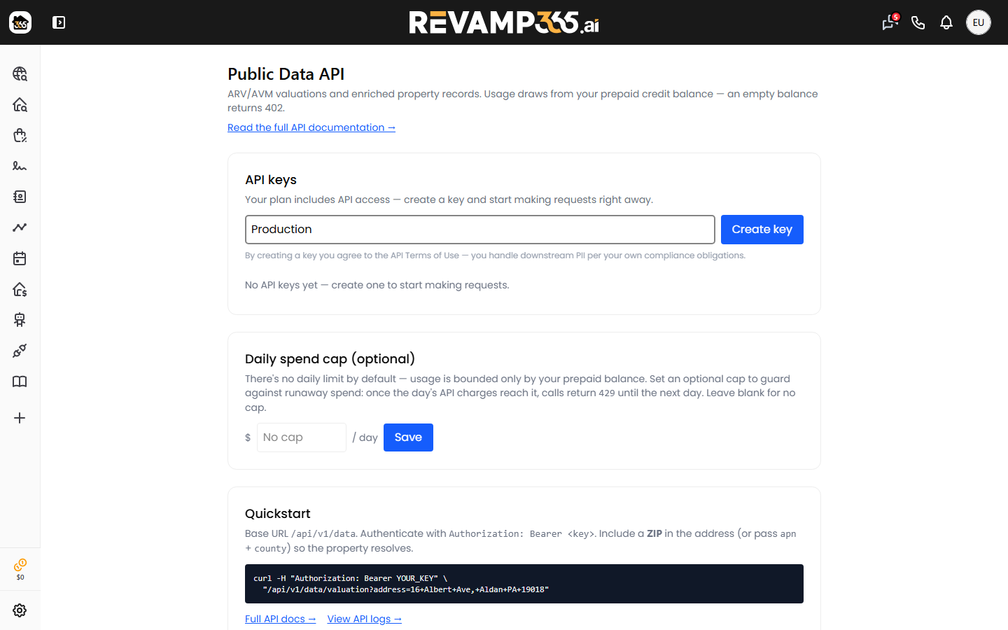 The Public Data API access page: create-key form, existing keys, daily spend cap, and Quickstart
