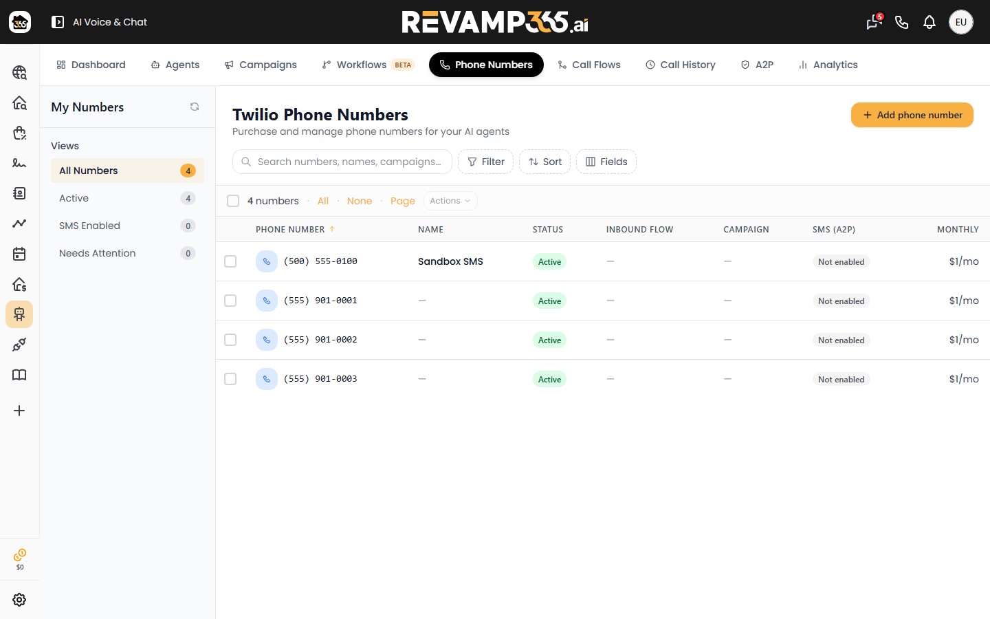 Phone Numbers tab with stat cards and the My Phone Numbers table