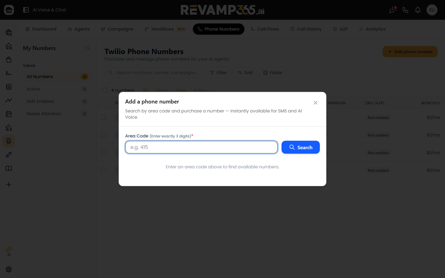 Add-a-phone-number dialog with the area-code search form
