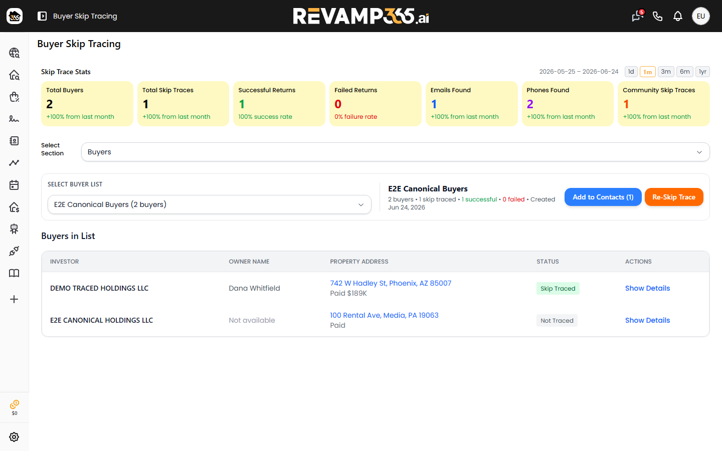 Buyer Skip Tracing page with the Skip Trace Stats row and Select Section dropdown