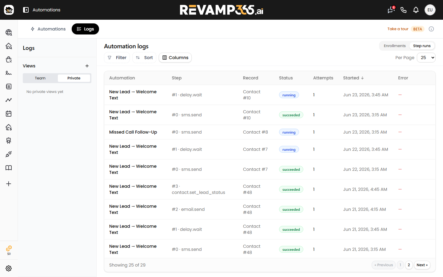 The Logs tab in Step runs view, one row per action attempt with mixed succeeded, failed, skipped, and running statuses