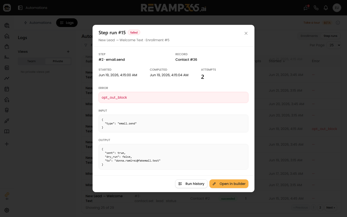 A failed step run opened from the logs, showing the red status badge, the Error reason, the attempts count, and the Input and Output JSON