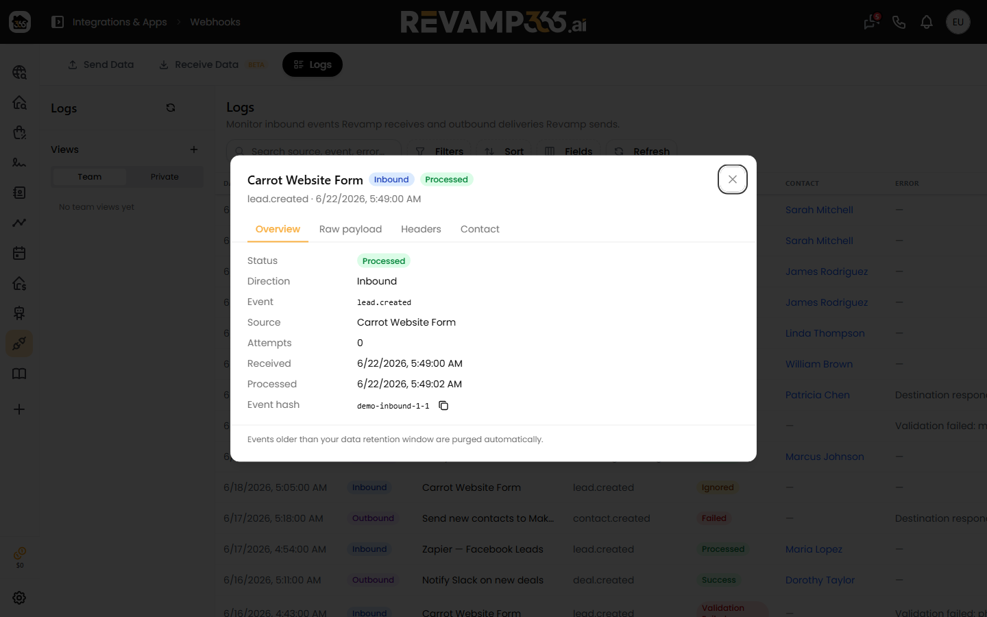 Inbound event detail dialog showing status, event hash, payload, and error