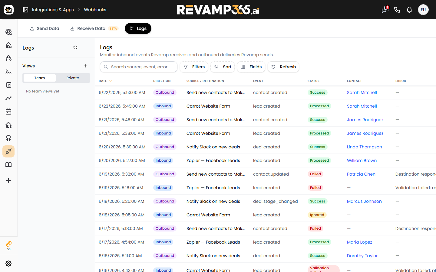 The Logs tab table listing outbound webhook deliveries with date, destination, event, status badge, and contact columns