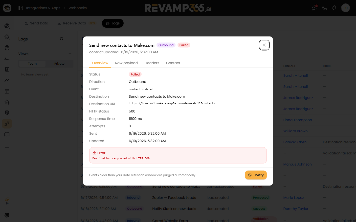 The delivery detail dialog for a failed outbound webhook showing the red status badge, HTTP status, Error message, and Retry button