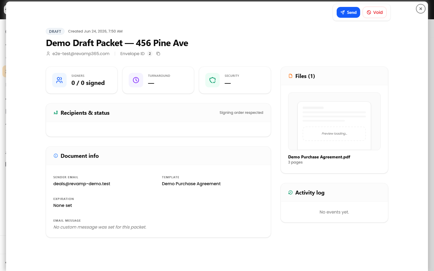 The packet detail view with the Recipients & status list, Void action, and Activity log