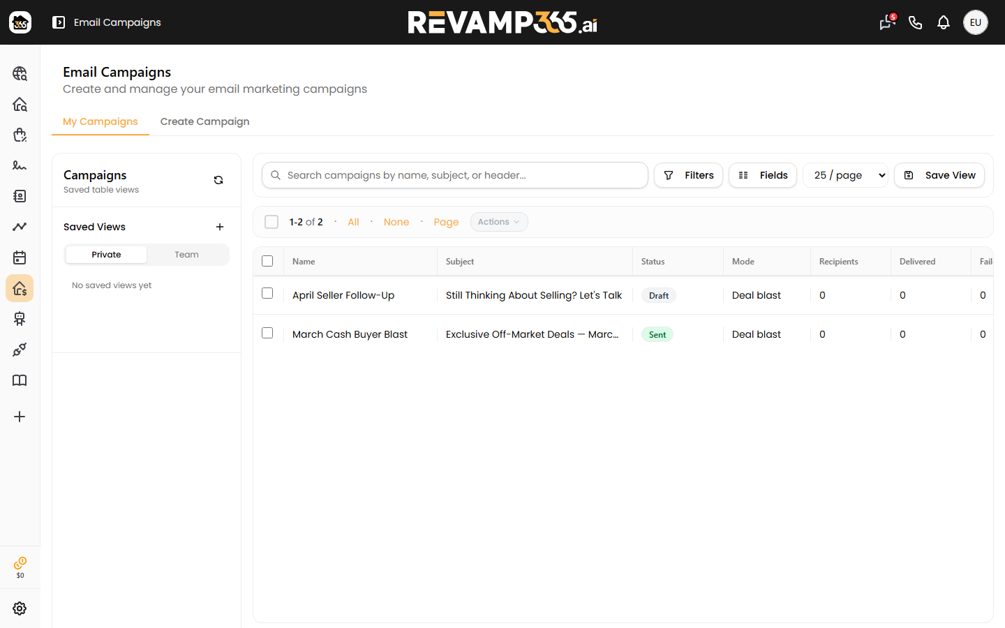 The Email Blast page with the My Campaigns and Create Campaign tabs
