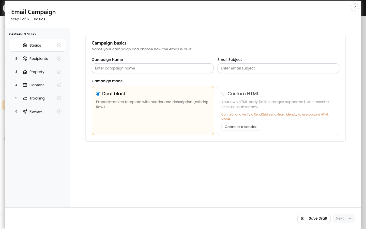 Step 1 Basics: campaign name, subject, and mode selection