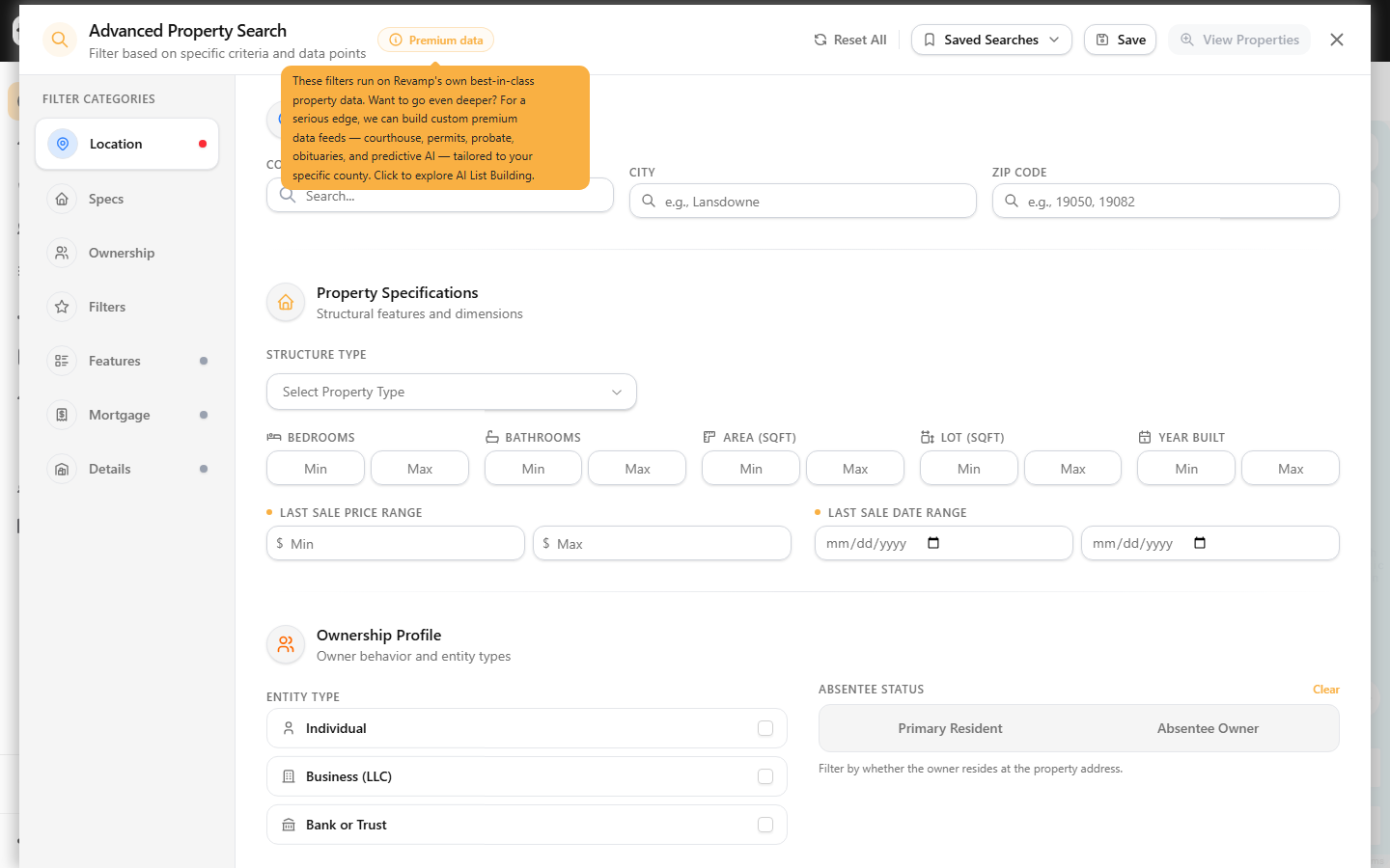 The Advanced Property Search dialog showing the filter category sidebar