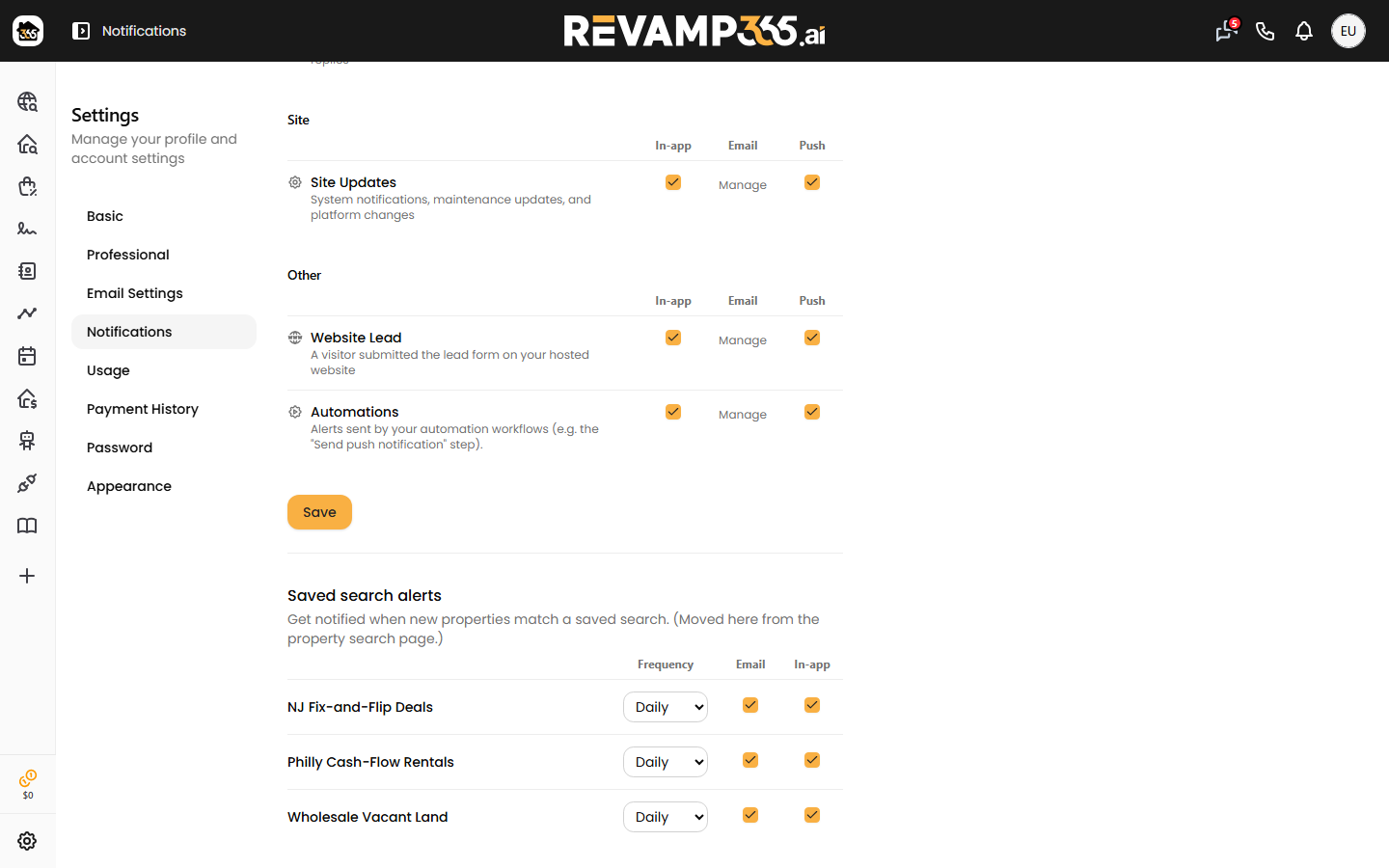 Saved search alerts section with Frequency, Email, and In-app controls per row