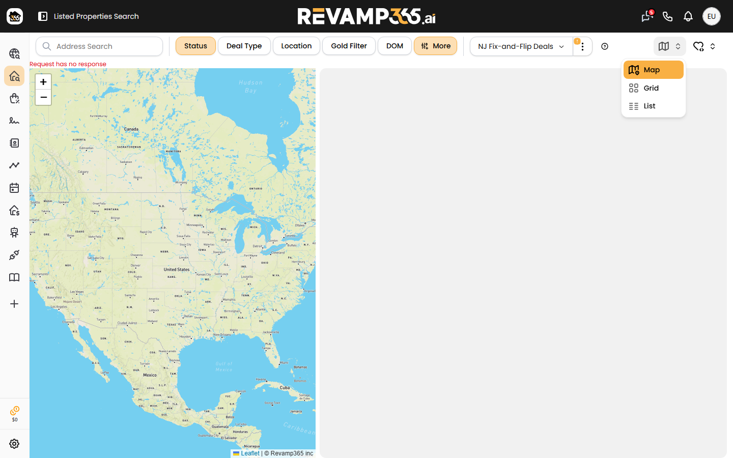 View toggle switching results between Map, Grid, and List