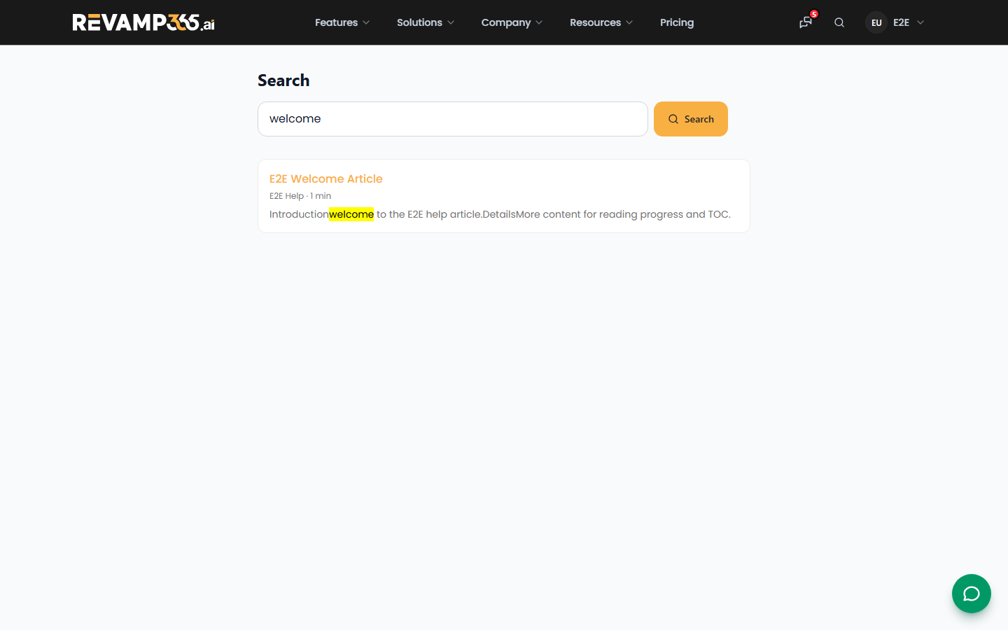 A search results list showing category, read time, and a highlighted excerpt