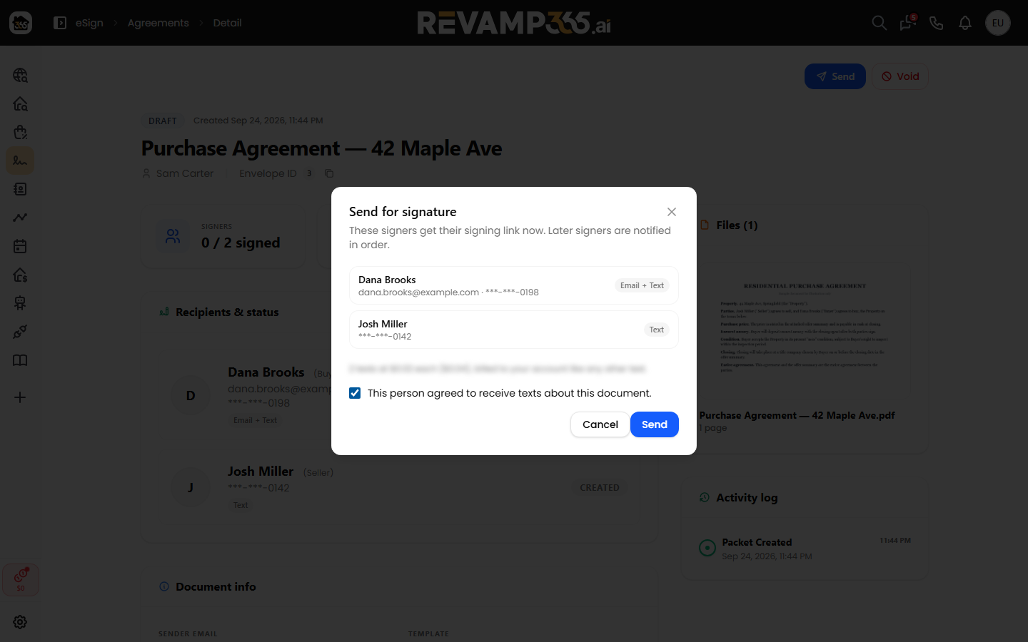 The Send for signature dialog with the texting consent checkbox and the cost note