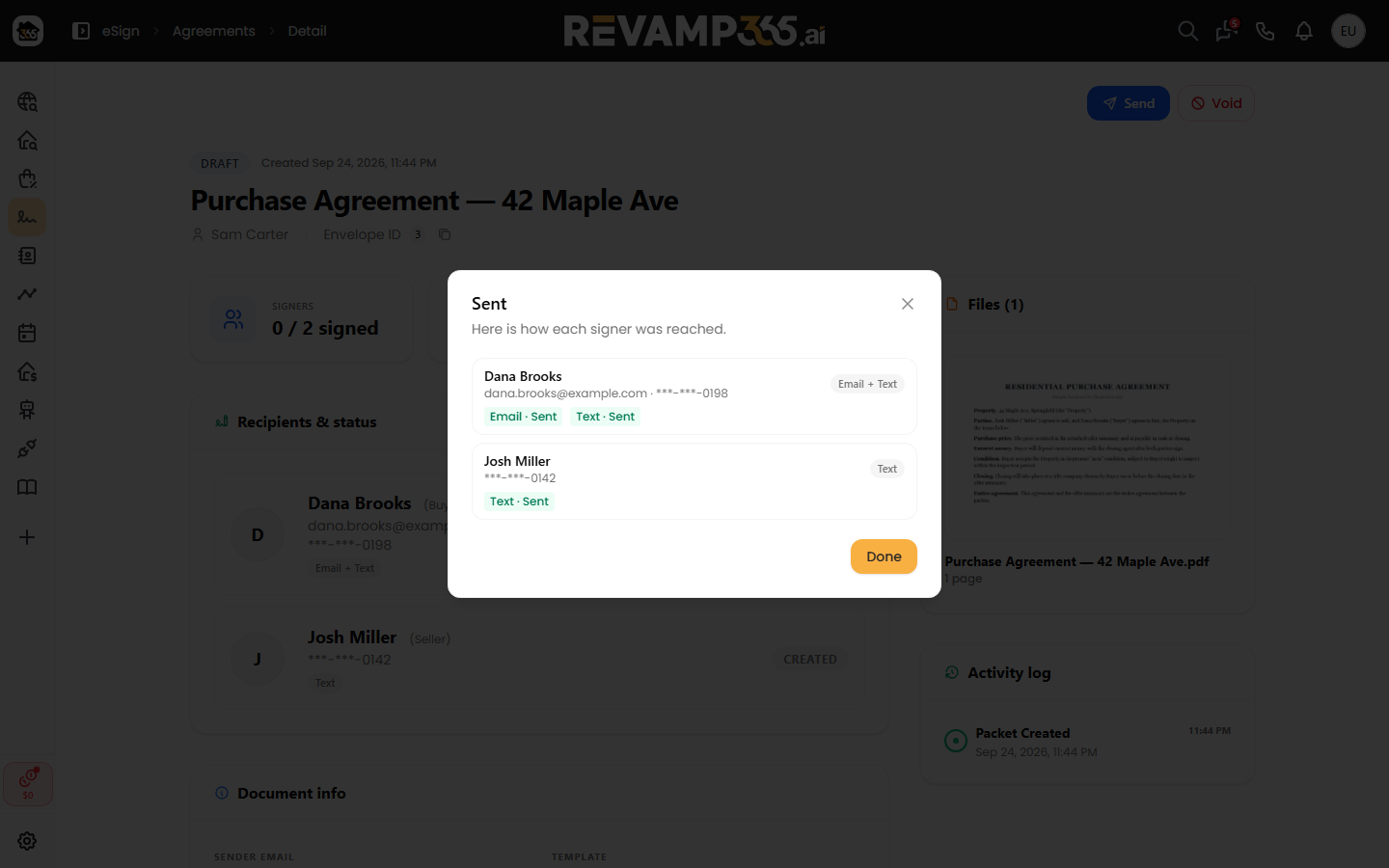 The dialog after sending, showing Text · Sent and Email · Sent for each signer