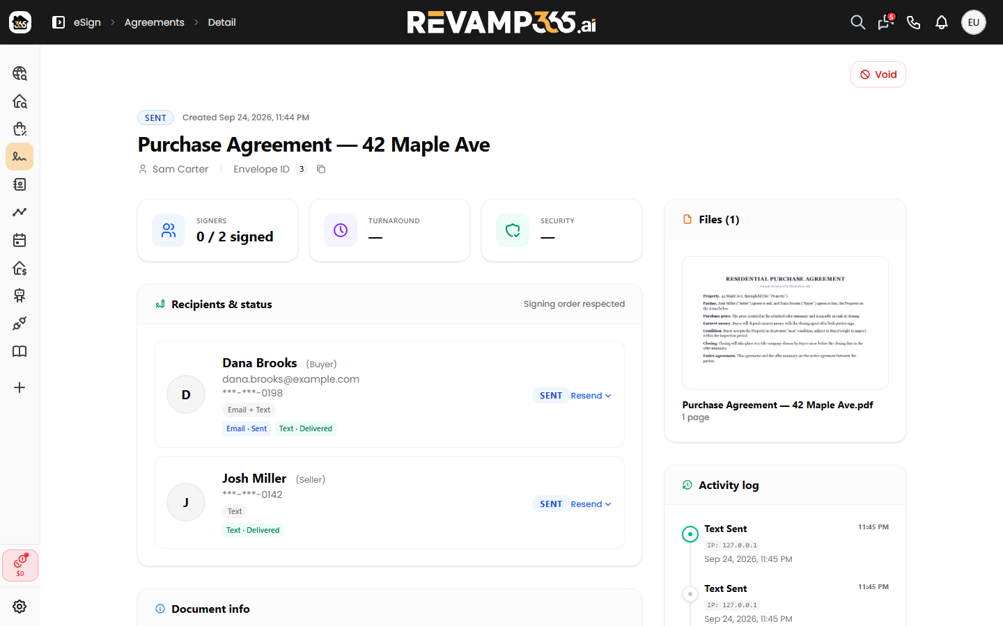 The agreement's Recipients & status card with channel badges, masked numbers, and per-channel status