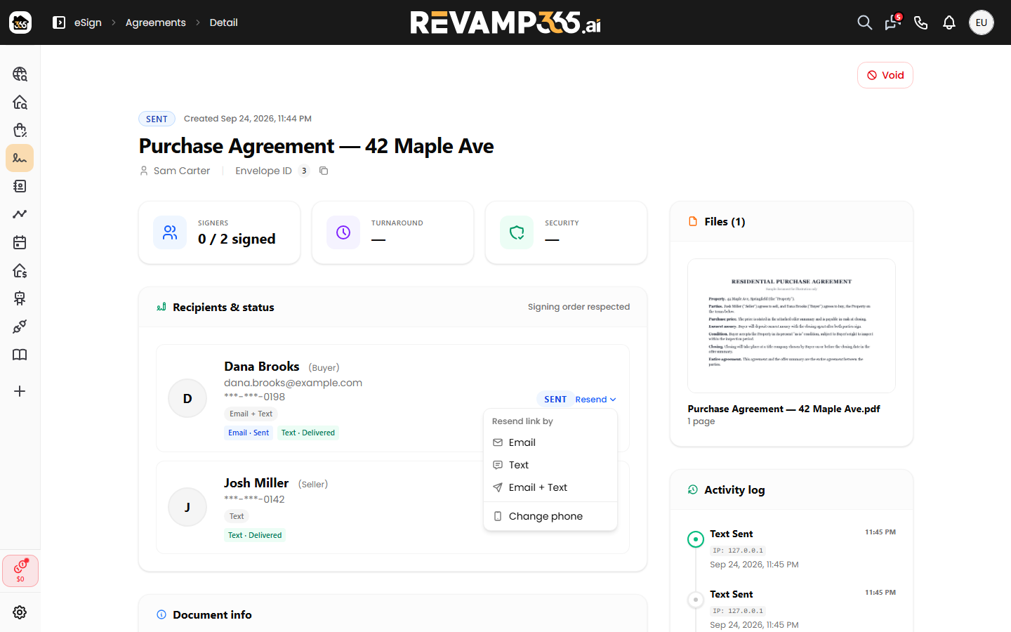 The Resend menu with Email, Text, and Email + Text, plus Change phone