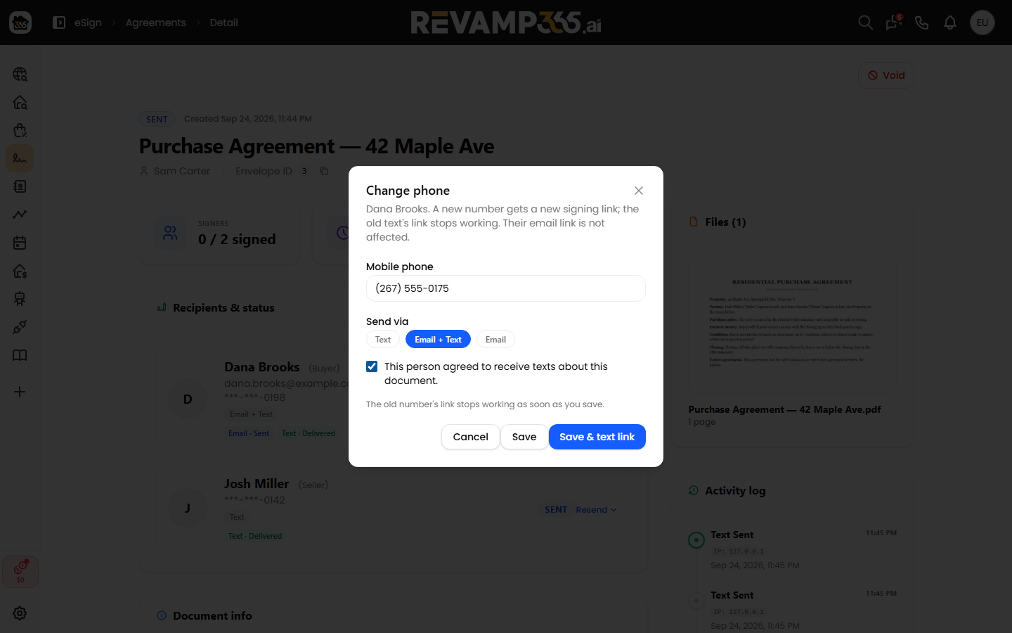 The Change phone dialog with a new number, Send via, and the consent checkbox
