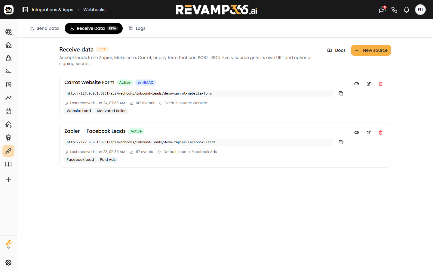 The Receive data tab listing each Inbound Lead Source with its webhook URL, Active/HMAC badges, and stats