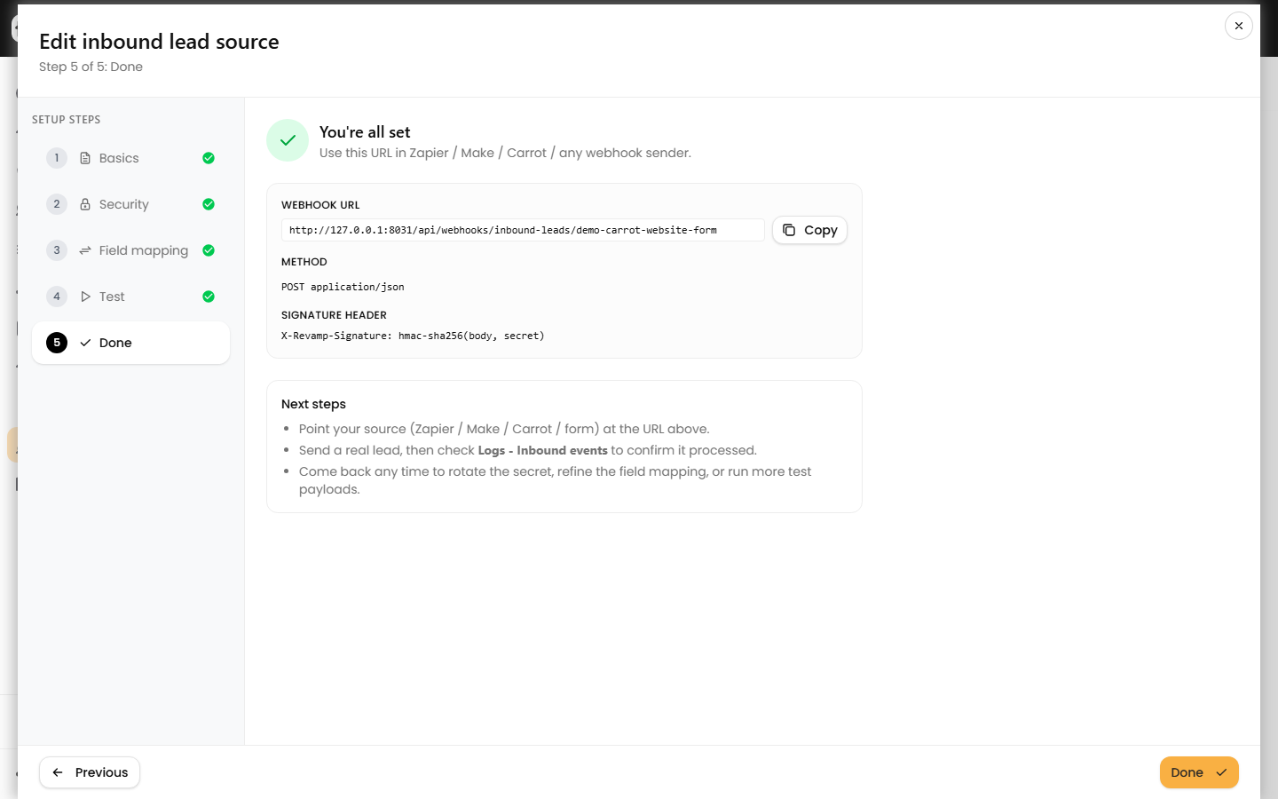 The wizard Done step showing the Webhook URL and POST method to paste into your sender