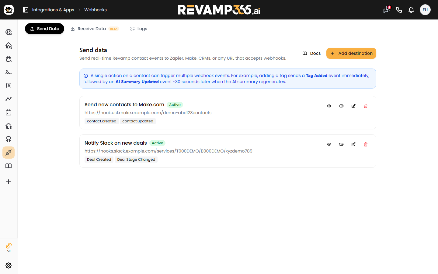 The Webhooks Send Data tab listing each outbound destination