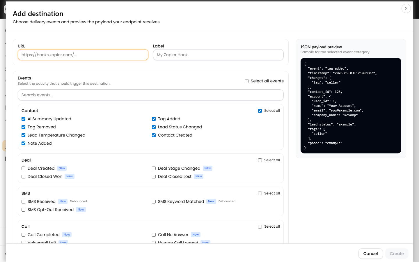 The grouped event picker inside the Add destination dialog
