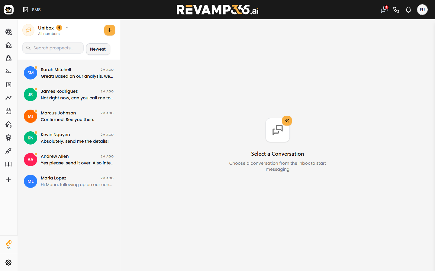 The Conversations inbox with the thread list on the left and the conversation panel on the right