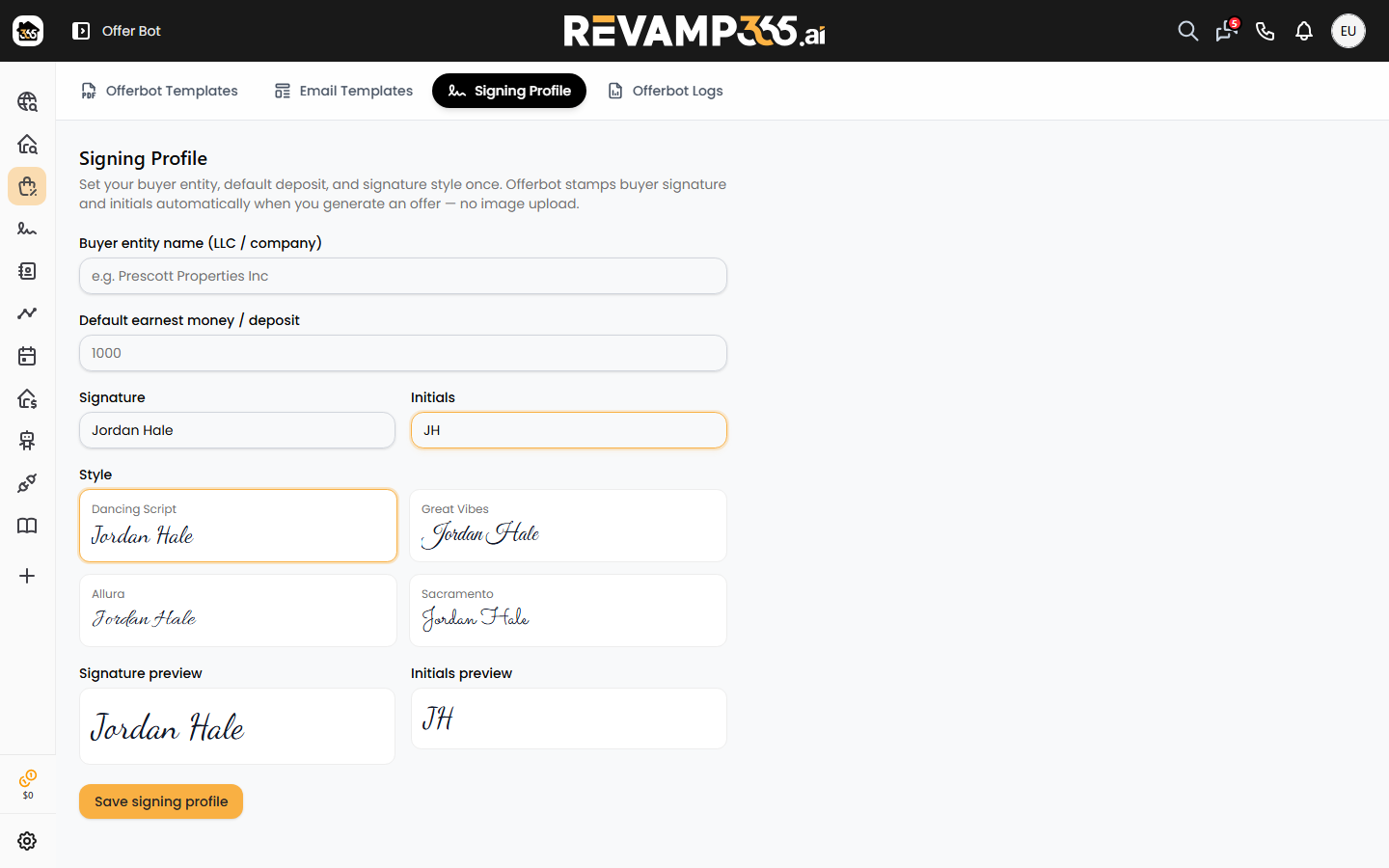 The Signing Profile tab