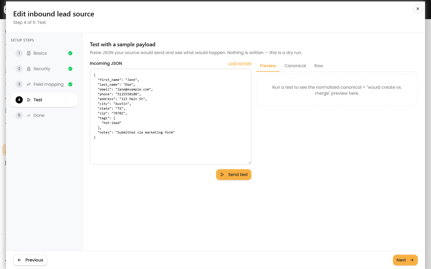 Test step with a sample payload loaded in the Incoming JSON box