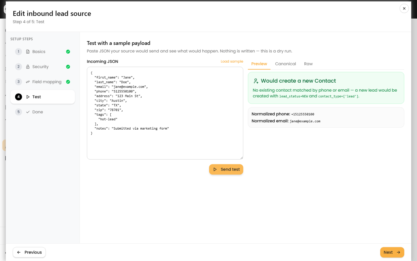 Preview tab showing create-vs-merge outcome and normalized phone and email