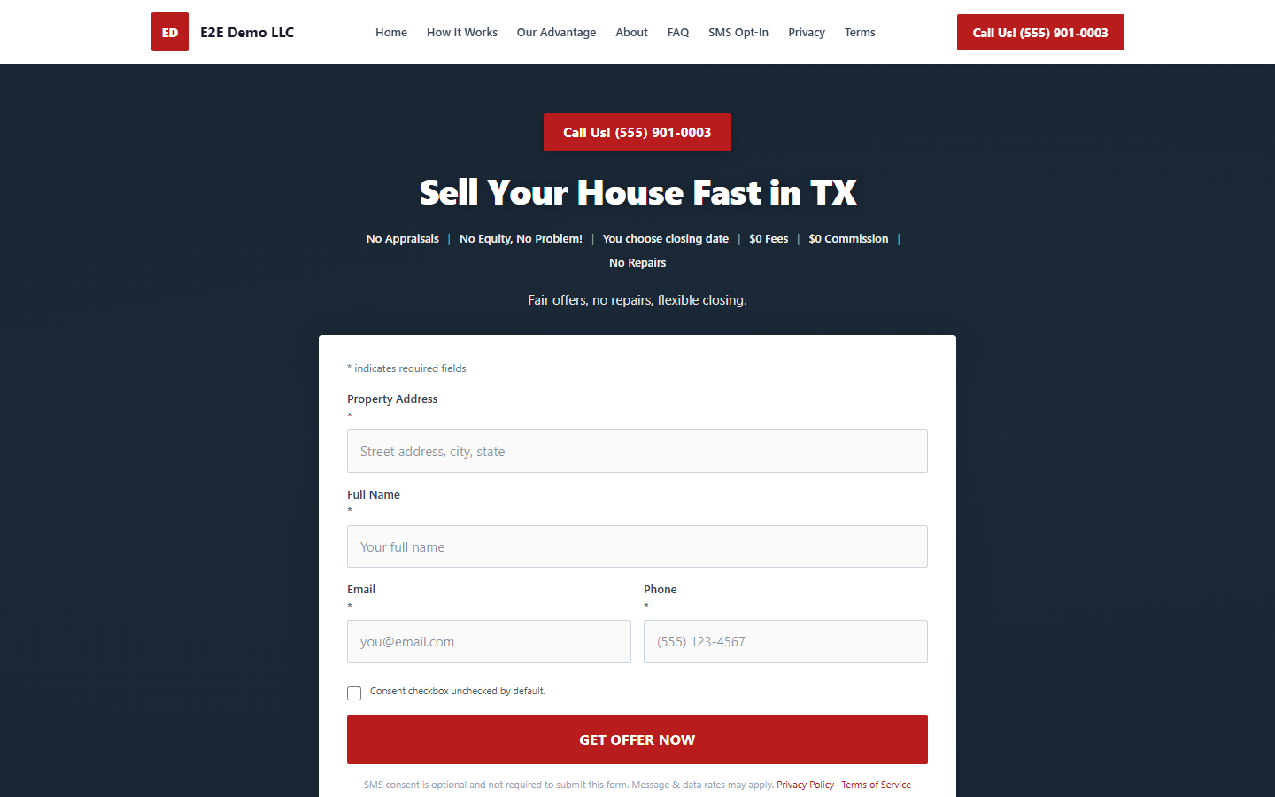 A live hosted site showing the lead-capture form a visitor submits, which posts to /{your-slug}/lead