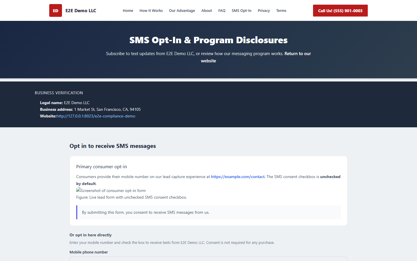 The published SMS opt-in and program disclosures page, which returns 200 when the site is live