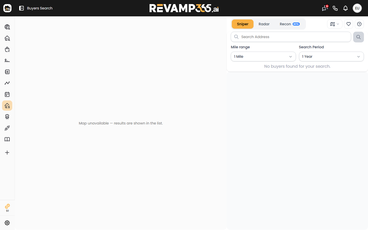 Buyer Search results — one card per active investor in the radius