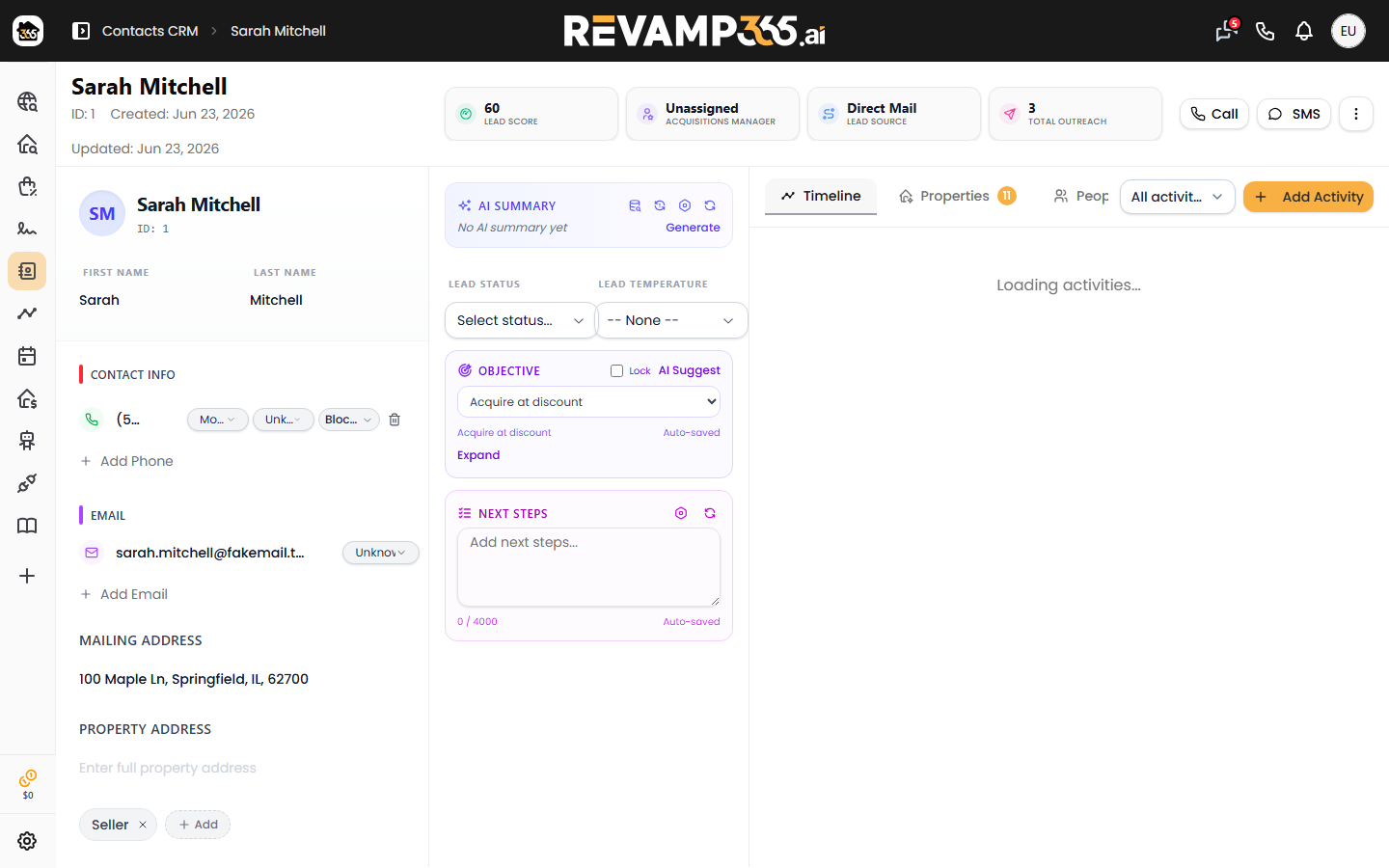 The contact Timeline feed showing calls, texts, notes, tasks, and system events newest-first