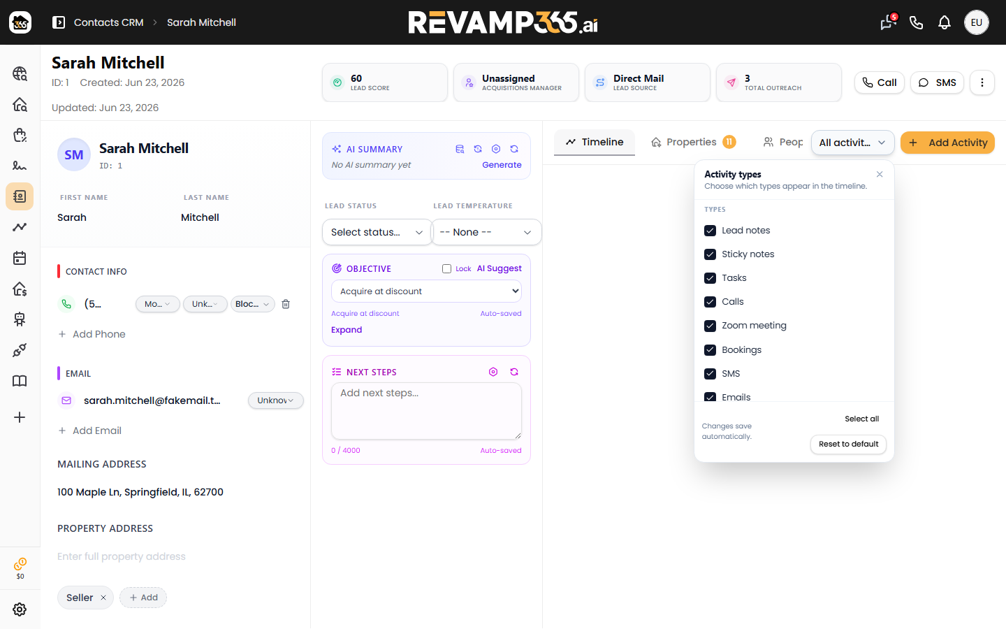 The activity-type filter popover with checkboxes for Calls, SMS, Emails, Tasks, and more