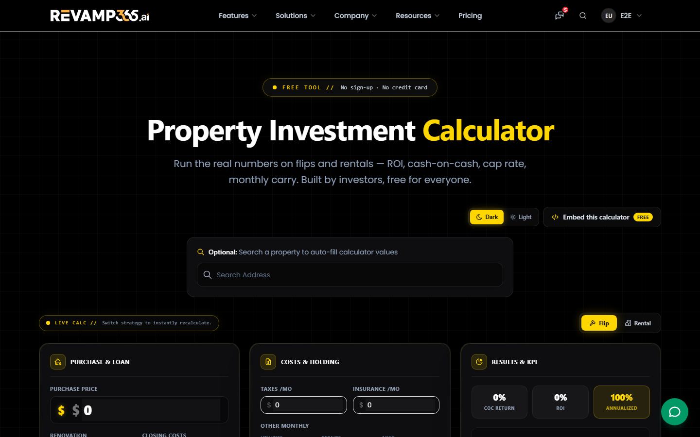 The Property Calculator in Flip mode with a live Results column