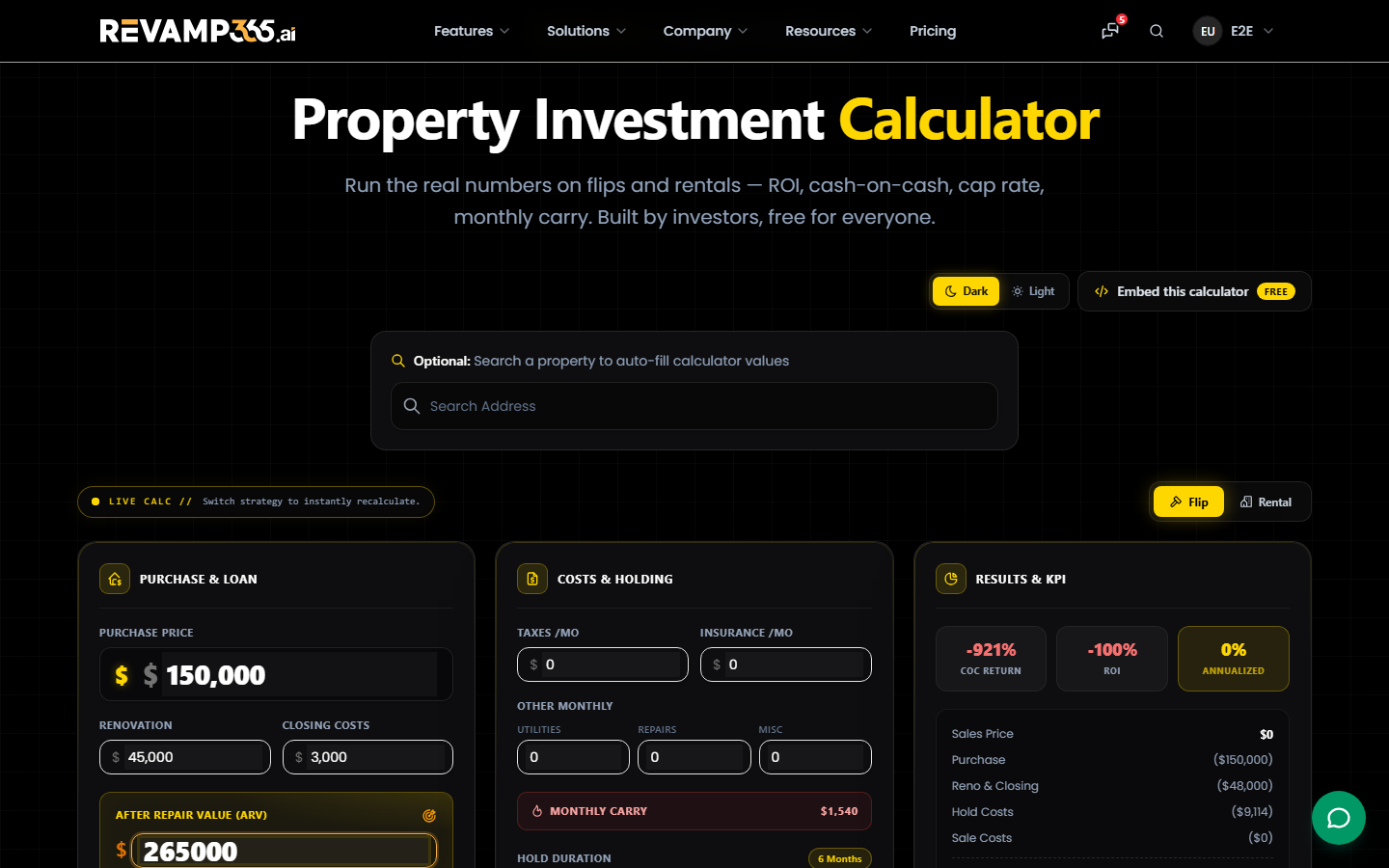 The flip Results column recalculating projected net profit, COC, and ROI