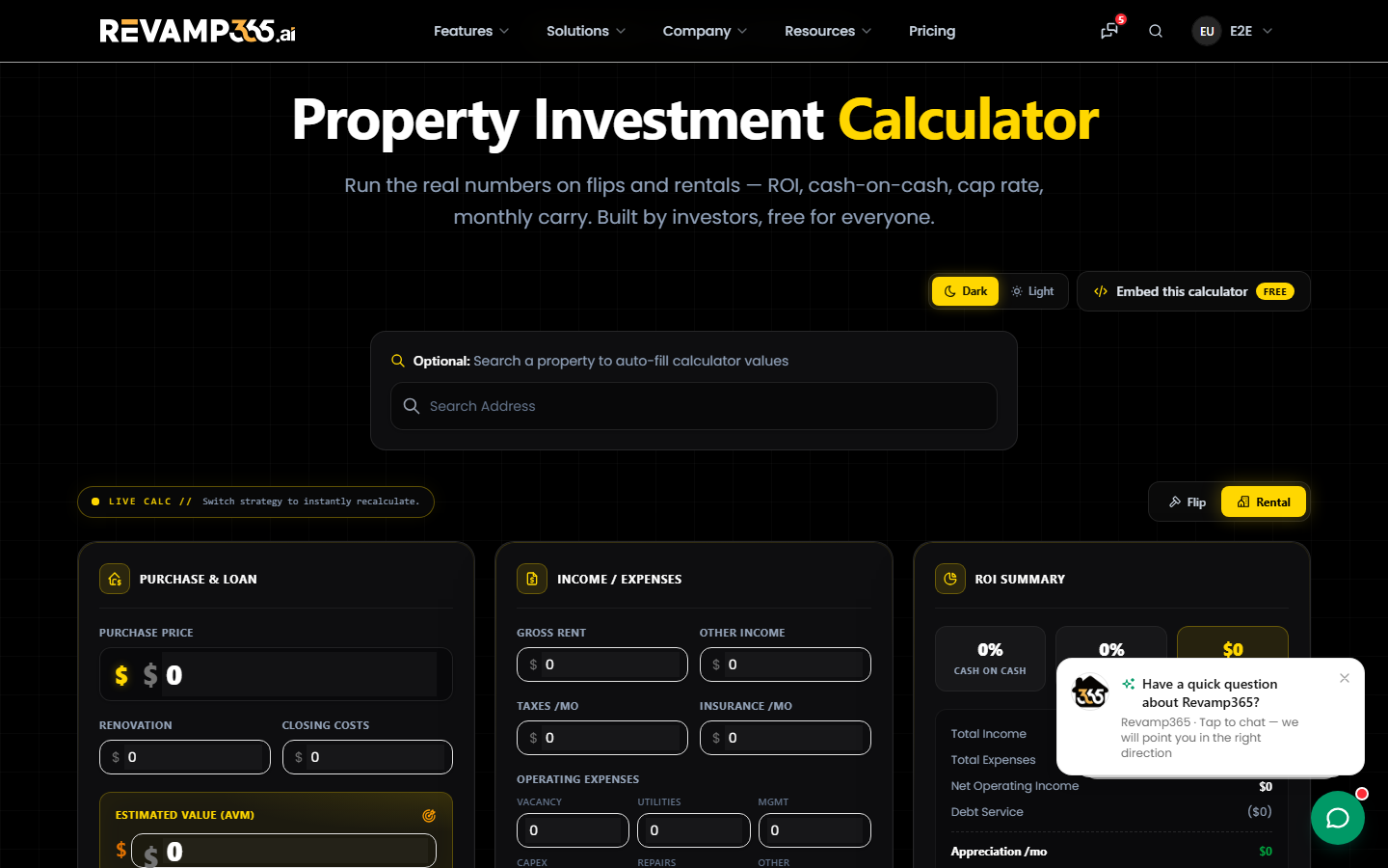Rental mode showing cash-on-cash, cap rate, DSCR, and monthly cash flow