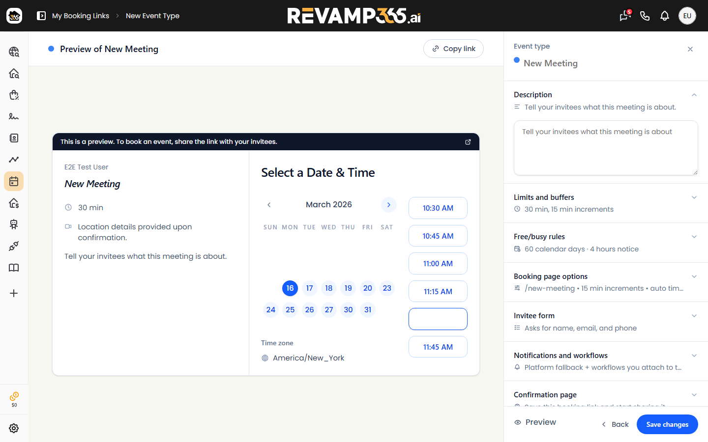 The event type editor with a live preview and collapsible setting sections