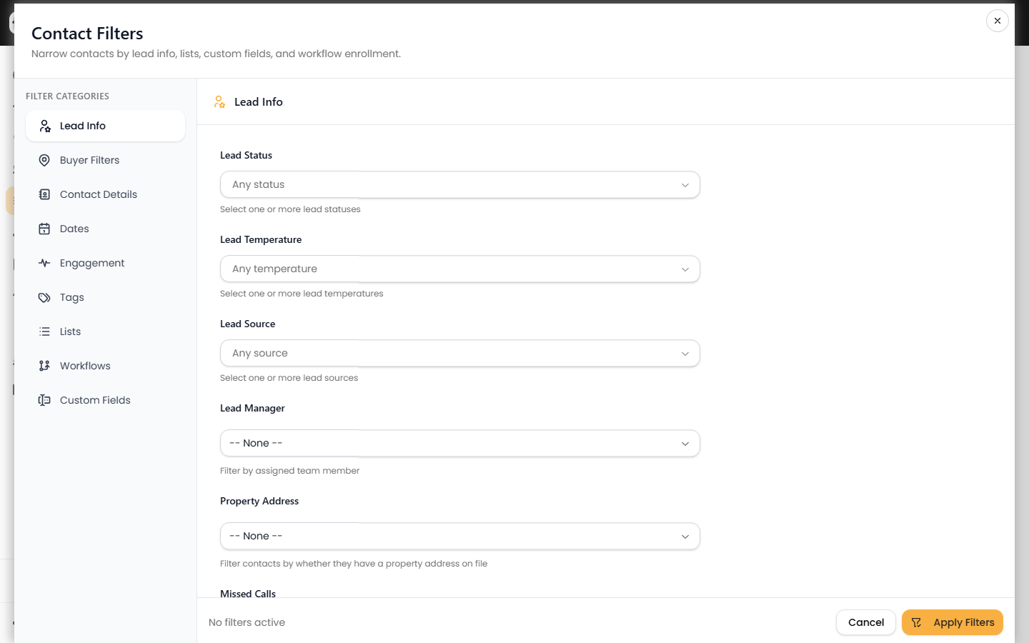 The Contact Filters panel open showing all filter categories in the left rail