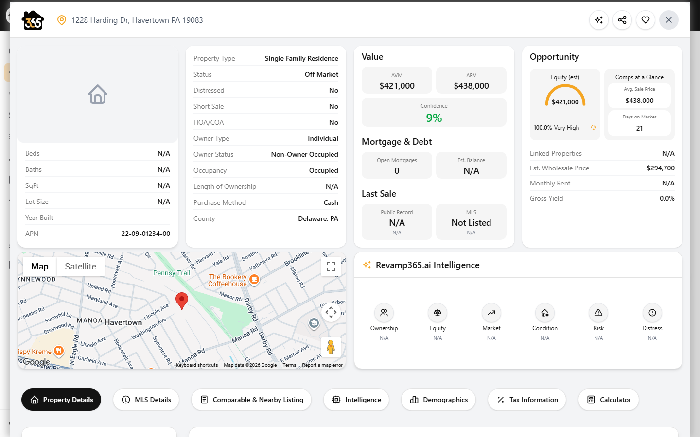 Property Search results where you click a listing to open its detail popup