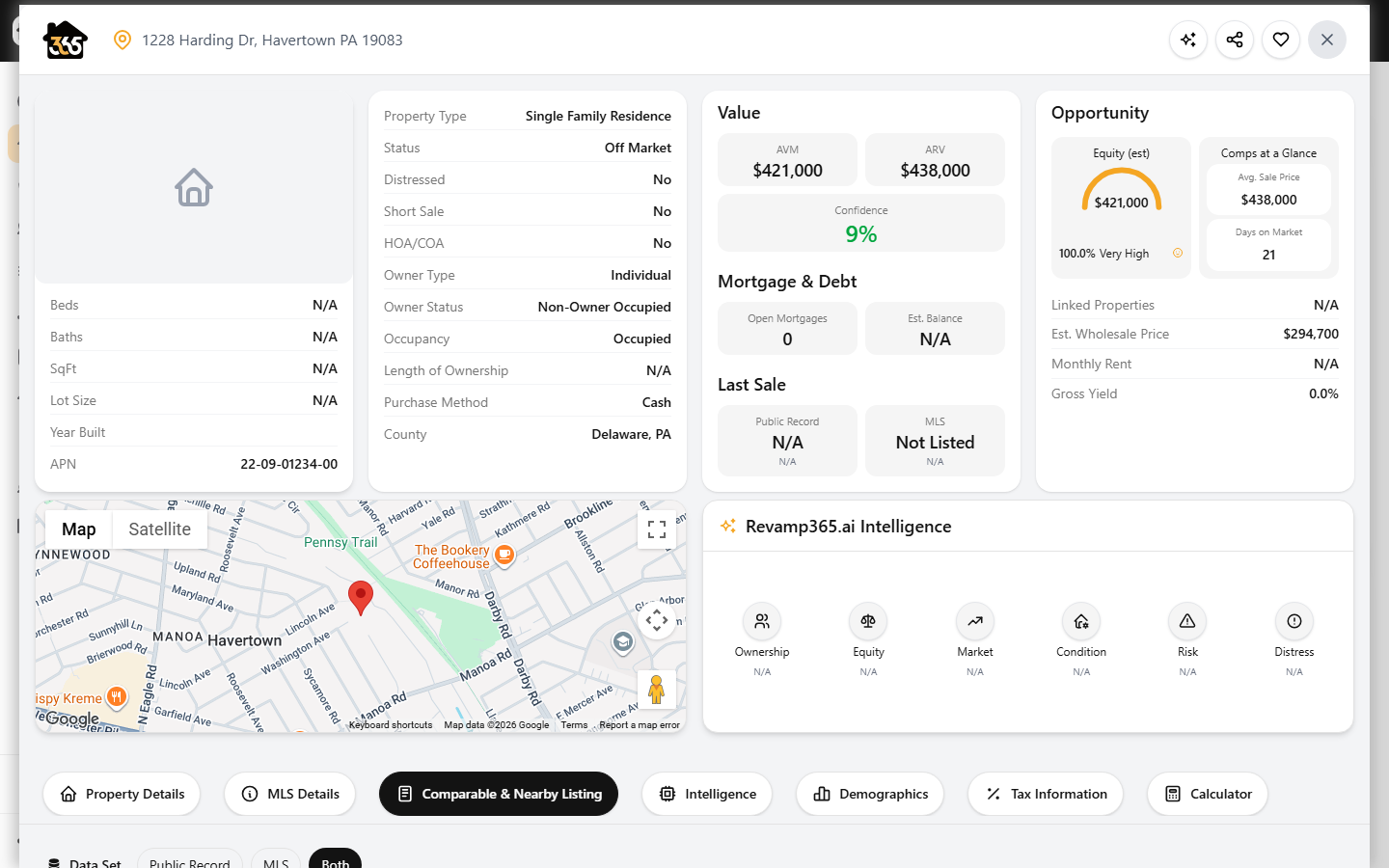 Comparable & Nearby Listing tab with data-set pills, filters, and comp rows
