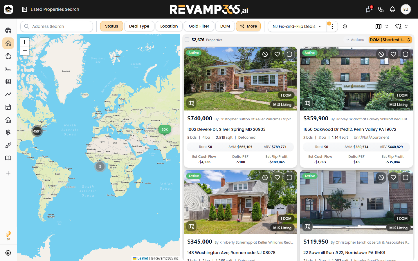 The Listing Search screen with map, result list, and investor filters